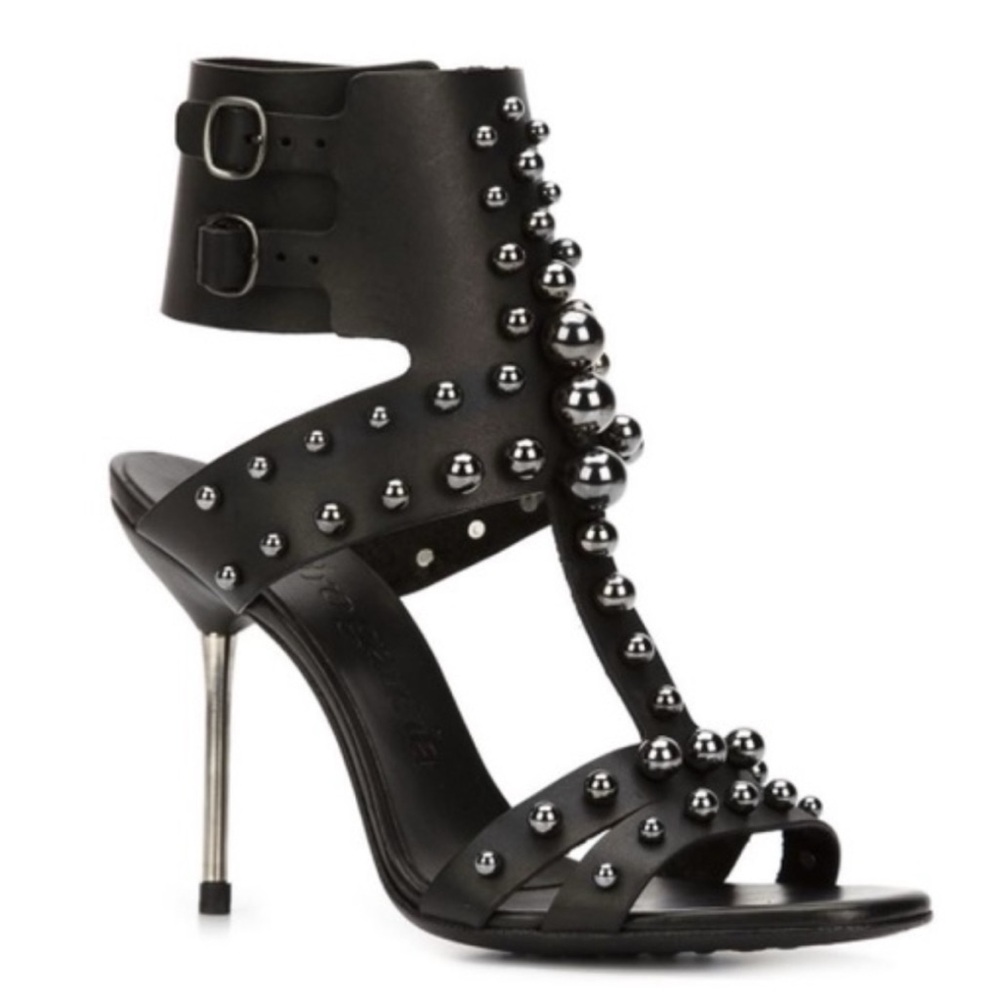 Pedro Garcia Black Studded T-Strap Stiletto Sandals